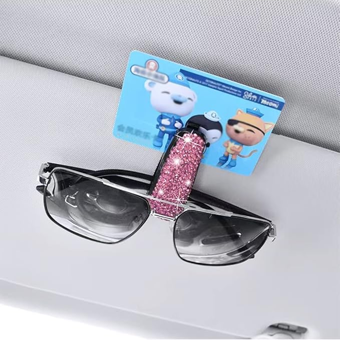 Set of 2 Bling Rhinestone Car Sun Visor Glasses Holders with Anti-Scratch Sponge,Car Decoration for Women Girls,Ticket Card Clip Visor Organizer,Universal Rhinestone Auto Accessories (Pink)
