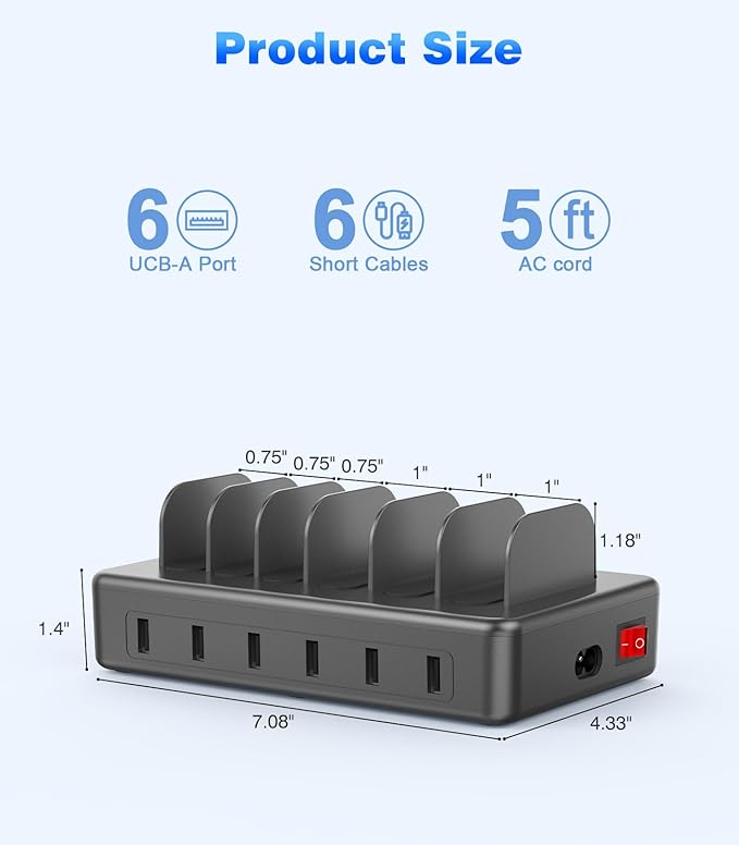CREATIVE DESIGN 50W Charging Station for Multiple Devices,6 Port Multiple USB Charger Station with 6 Cables Compatible with iPhone,iPad Kindle Tablet and Other Electronic(Space Gray