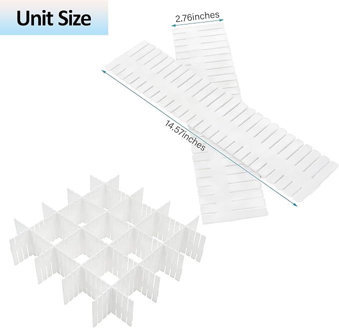 16 Pcs Adjustable Drawer Dividers, DIY Plastic Grid Separators for Clothes, Socks, Underwear, Kitchen and Office, Cuttable Drawer Organizer Dividers, 14.5 x 2.7 in (4 Packs of 4)(White)