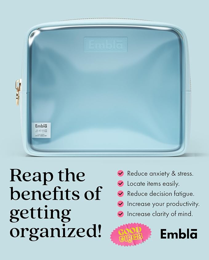Embla Clear Large Makeup Bag Cute Big Make Up Nylon Pouches Travel Bathroom Bags for Toiletries XL Cosmetic Pouch for Women Girls Extra Large Zipper Toiletry Skincare Organizer Blue
