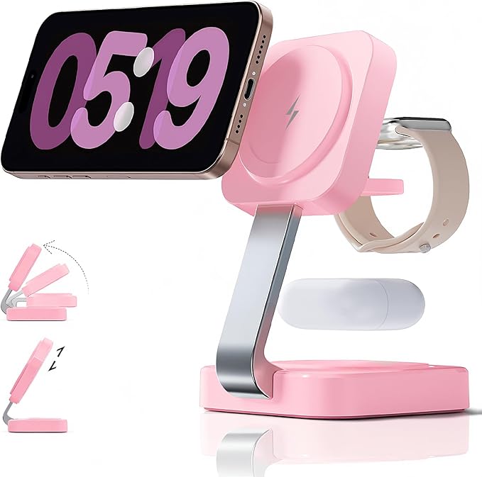 2026 Traveling Wireless Magnetic Fast Charging Station,3 in 1 Charger with i Phone 17 16 15 14 13 12 Pro Max Plus,Apple Watch Series & Air pod 4 3 2 Pro-Gifts for Wife & Husband(Pink)