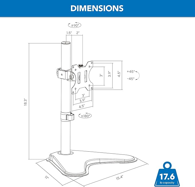 Mount-It! Free Standing Monitor Stand for Desktops | Single Monitor Mount | VESA 75 100 Compatible Displays | Height Adjustable Tilt Swivel Rotating | Fits 21.5 23 24 27 28 29 32 Inch Computer Screen
