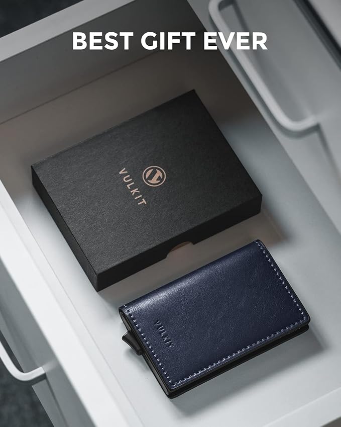 VULKIT Credit Card Holder RFID Blocking Leather Automatic Pop Up Wallet Aluminum Pocket Business Card Case