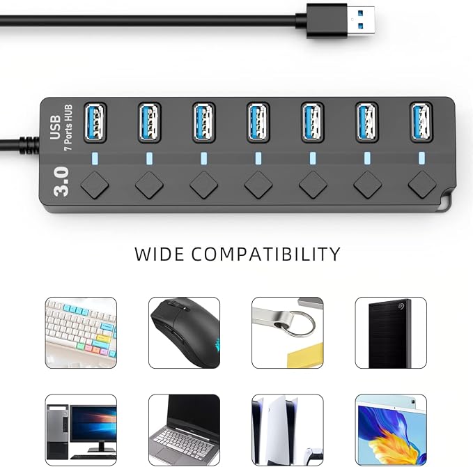 USB Hub 3.0, Eanetf 7 Port USB hub with LED Individual On/Off Switches and Extended Long Cable for MacBook, Mac Pro, Mac mini, iMac, Surface Pro, XPS, PC - 4ft