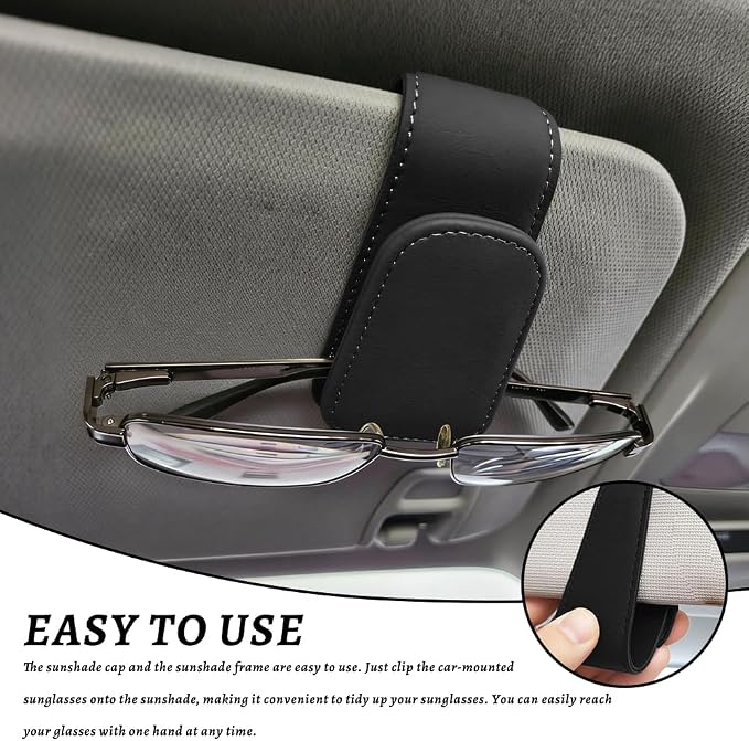 Sunglass Holder for Car, Car Sunglass Holder, Magnetic Leather Sunglasses Holder and Ticket Card Clip, Auto Multi-Functional Sun Visor Eyeglass Holders for SUV Pickup Truck (Black)