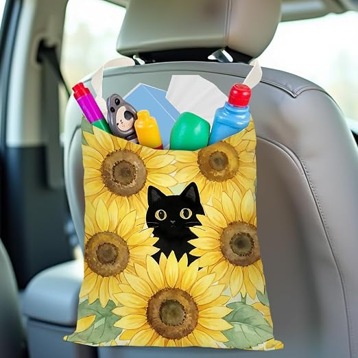 Black Cat Car Trash Bag, Sunflower Car Trash Bag Hanging, Sunflower Accessories, Summer Decor Waterproof Cars Back Seat Hanging Organizer Garbage Can for Vehicle Travelling Camping