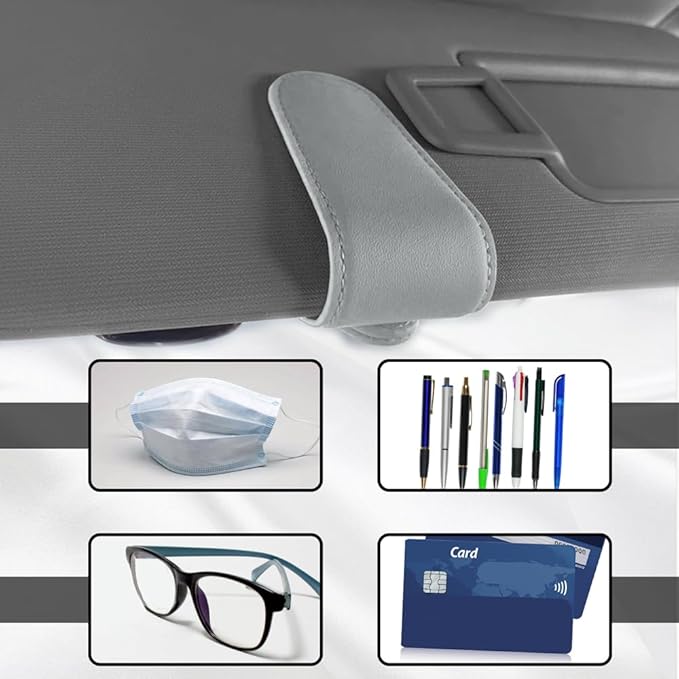 Sunglasses Holder for Car Visor, Car Sun Visor Clip, Magnetic Leather Sunglass Eyeglass Hanger Clip, Universal Car Accessories Ticket Card Storage Glasses Clip Fit Men and Women (Gray)