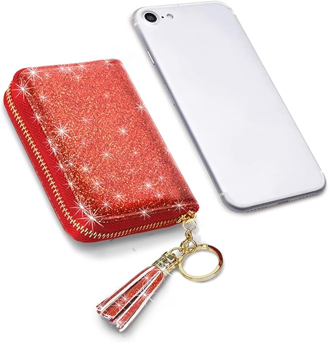 Coco Rossi Women's Small Credit Card Wallet RFID Cute Glitter Card Holder for Women, Red