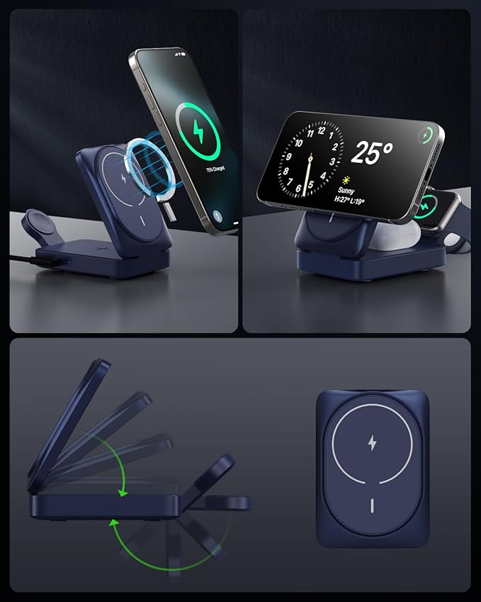 3 in 1 Wireless Charger Charging Station for iPhone,Travel Foldable Magnetic 15W Fast Wireless Charger Stand for Mag-Safe with 30W USB C Adapter for iPhone 17/16/15/14/13/12,Apple Watch,AirPods