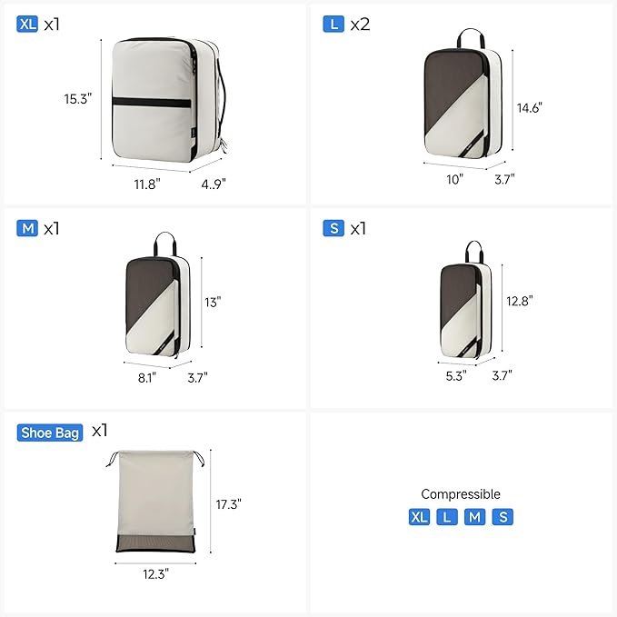 LUGGEX Compression Packing Cubes for Travel, 6 Set Lightweight Luggage Organizer Bags with Shoe Bag, Space Saving Suitcase Packing Cubes for Carry-On (POX01, Beige)