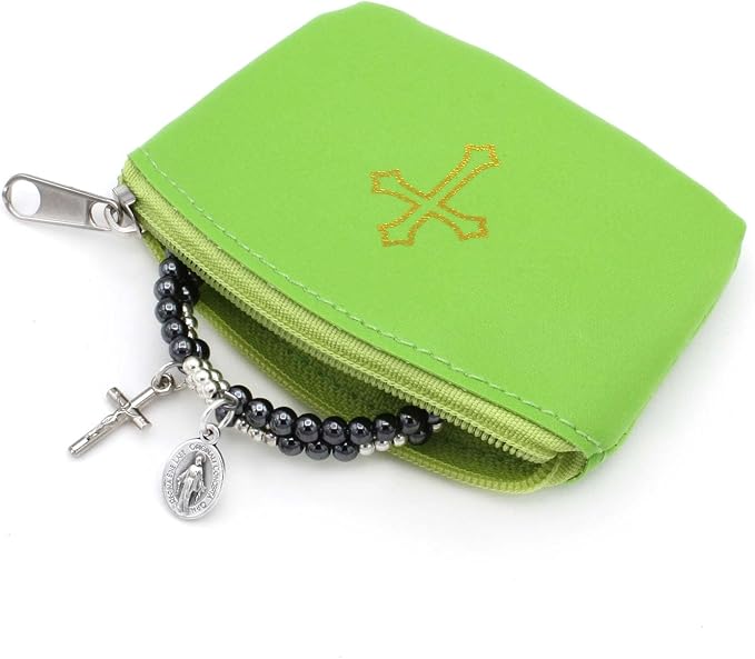 Green Rosary Pouch with Zipper & Gold St. Thomas Cross Imprint | Compact Leatherette Rosary Case for Small to Medium Rosaries | Protective Travel Rosary Holder for Men & Women