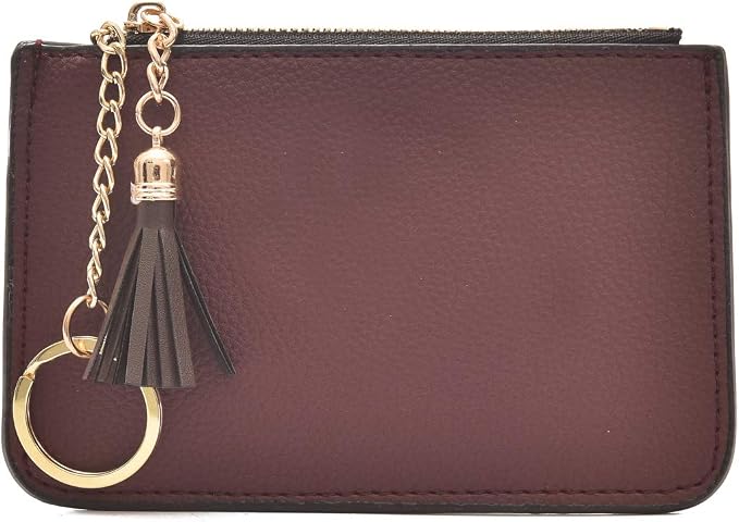 Coin Purse Change Wallet Pouch Leather Card Holder with Key Chain Tassel Zip(Burgundy)