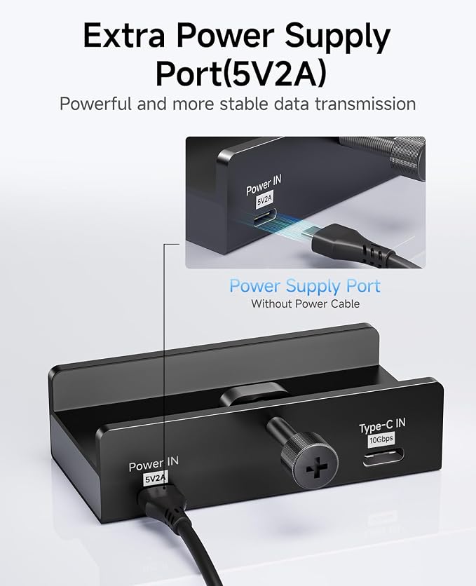 USB Hub 3.1, 10Gbps Clamp USB Hub with 2 USB-A Data Ports, 2 USB-C Port with Extra Power Supply Port (Black)