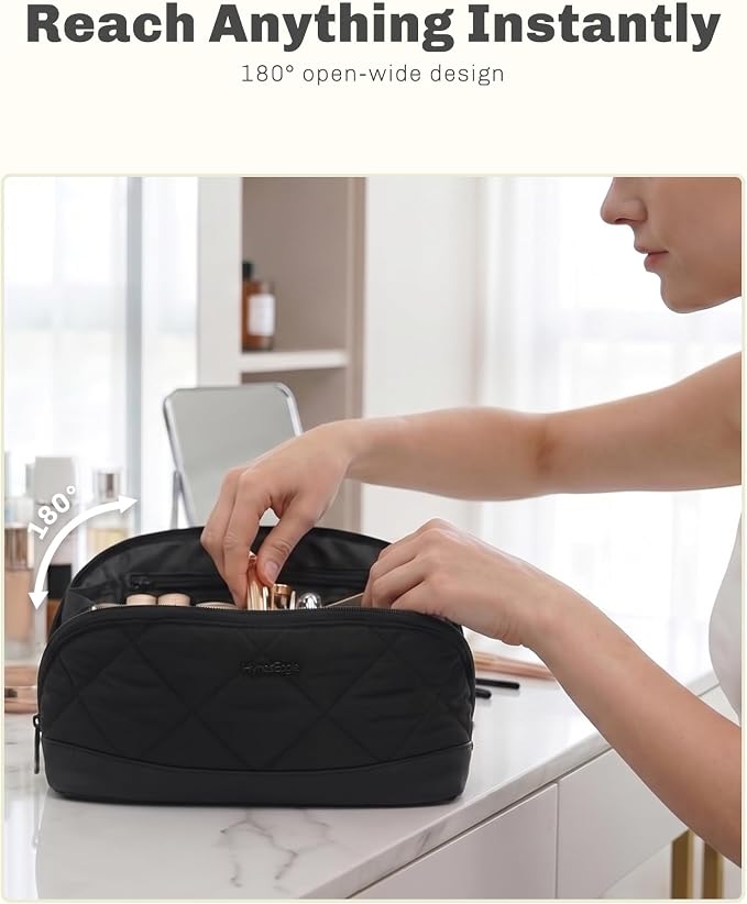 Hynes Eagle Travel Makeup Bag for Women Puffy Cosmetic Organizer Pouch Open Flat Toiletry Bag for Toiletries Brushes Structured Base Jet Black
