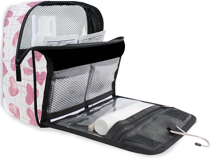 senya Hanging Travel Toiletry Bag Cute Kit Makeup Case Cosmetics Organizer for Men Women (Pink Hearts White Base)