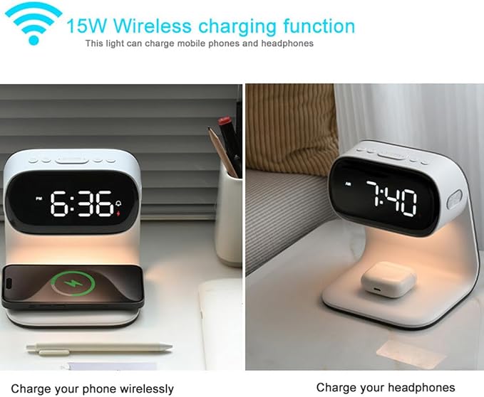 AYI 3in1 Wireless Charging Station with Alarm Clock & Night Light 15W Fast Charge for Phone & Earbuds Digital Clock with Dual Alarm 3-Level Dimmable LED Touch Lamp Large Display for Bedroom-A40