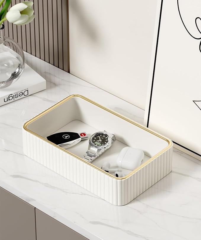 Desk Organizer Tray, PU Leather Nightstand Organizer Perfume Valet Tray for Men Women, Decorative Vanity Trays Trinket Dish Key Bowl for Entryway Table (Ivory, Small)