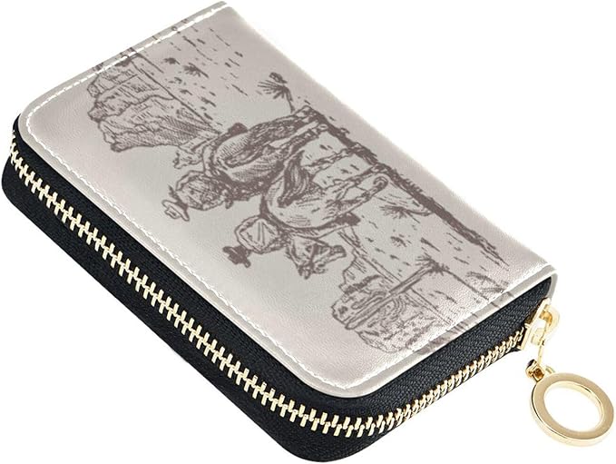 Western Desert Cowboy RFID Credit Card Holder Wallets Accordion for Women Leather Zipper Card Case Accordion Wallet for Ladies Girls