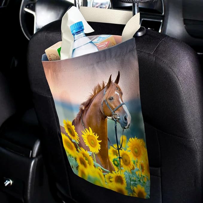 Car Trash Bag Hanging No Snap Small Garbage Bag for Car Back Seat Cute Printed One-handed Strap Trash Bags Car Accessories-Horse Sunflower Car Trash Bags