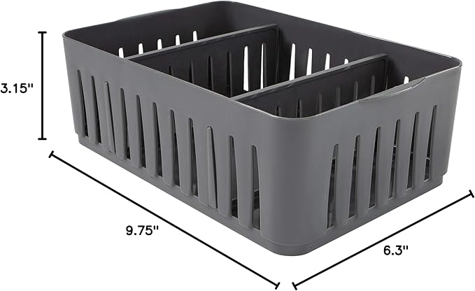 Simplify 3 Compartment Stackable Bin with Adjustable Dividers | Drawer Organizer | Storage Basket | Good for Office | Desk Supplies | Dorm | Bathroom | Accessories | Make Up | Grey