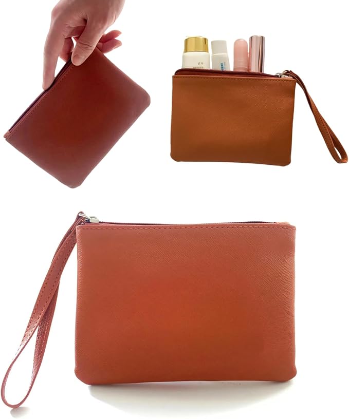 Small Makeup Bag for Purse Mini Cosmetic Pouch Zipper Little Wristlet, Tiny Make Up Organizer Lipstick Feminine Product Car Change Coin Holder for Women, 4.5 x 6.5 Clutch Stadium Approved, 1 Brown