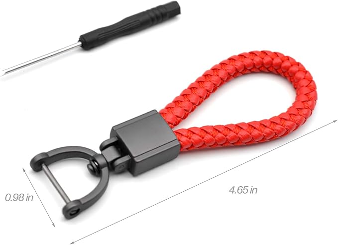 FEYOUN Universal Red Leather Car Fob Keychain Metal Keyring Woven Strap Braided Rope Key Chain for Men and Women - Matte Black Color, with 360 Degree Rotatable D-ring and Screwdriver