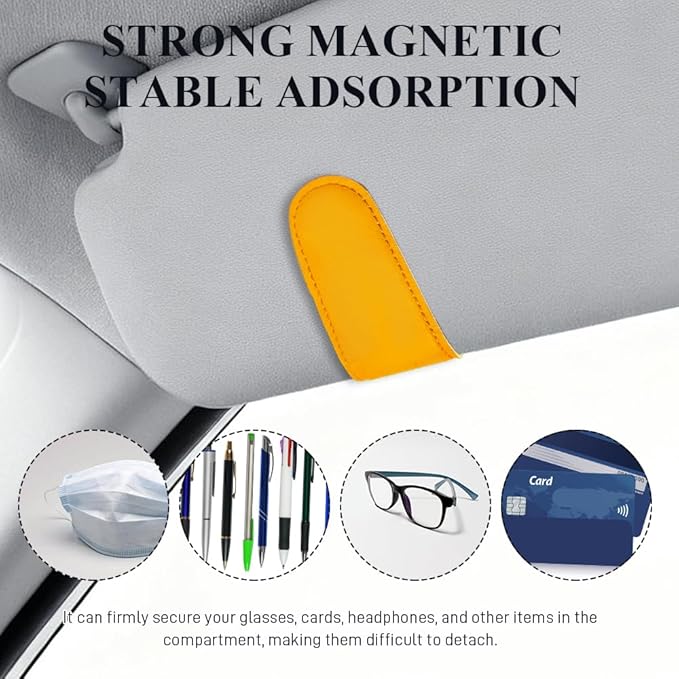 Magnetic Sunglass Holder for Car Visor, Sunglasses Visor Clip, Magnetic Leather Vehicle Glasses Ticket Card Clip, Automotive Eyeglass Hanger Organizer Accessories for Most Vehicles (Yellow)