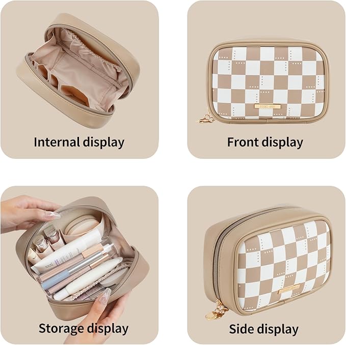 RIGHT AWAY Checkered Makeup Bag for Purse,Small Cosmetic Bag Organizer for Women, Travel Make Up Pouch Waterproof Toiletry Bag Cute Makeup Case for Travel Accessories(Khaki Checkerboard)