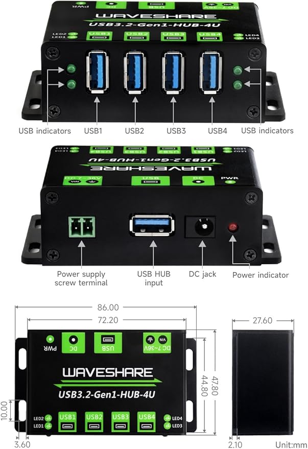 Waveshare 4-Ch USB 3.2 Gen1 HUB, Compatible with Windows, macOS, Linux and Android, Metal Case with Wall-Mount Support, Driver-Free, Plug-and-Play