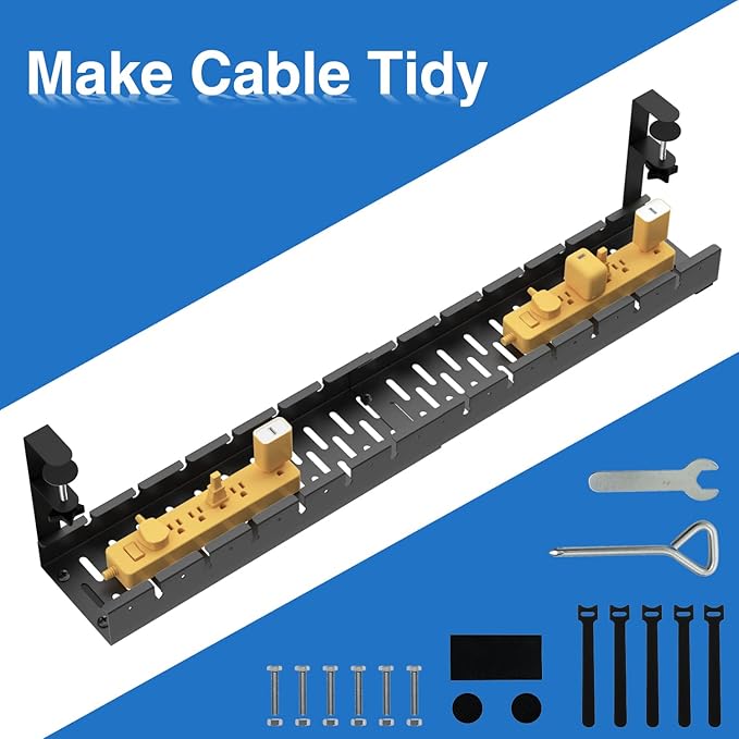 No Drilling Extendable Under Desk Cable Management, Metal Cable Management Tray Under Desk with Clamp, Retractable Power Strip Cord Holder for Wire Management 31Inch(1 Pack Black Extendable 31')