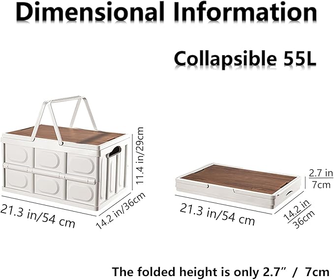 VPTMRP Collapsible Storage Bin with Handles and Wooden Lid, Large Capacity Stackable Utility Crates Holds 33lbs for Outdoor Home Storage Organizing Moving (55L/14.5Gal)