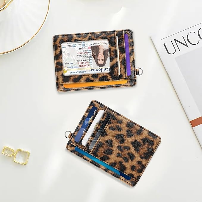 Coco Rossi Slim Front Pocket Wallet RFID Leather ID Card Holder Cute Small Wallet with Keychian for Women,Brown Leopard