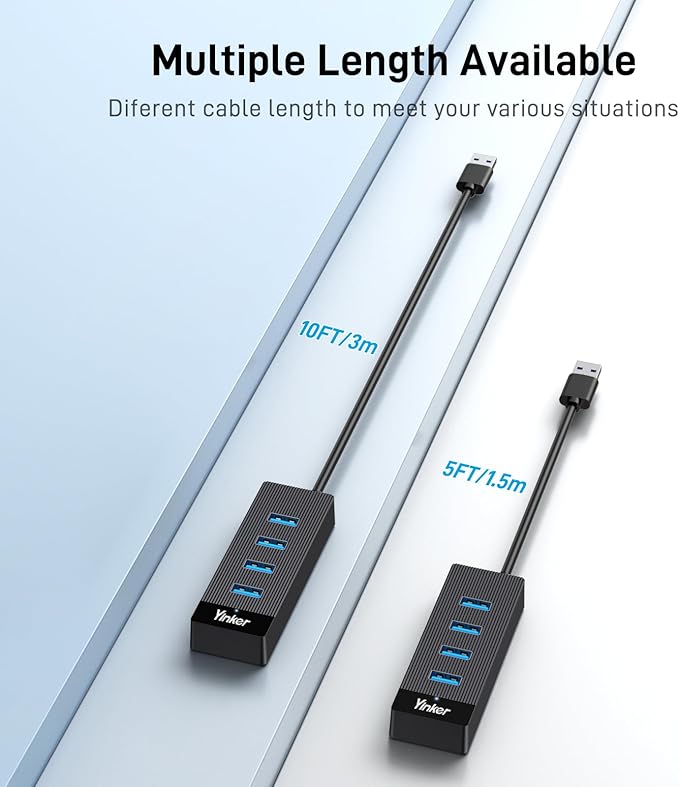 4 Port USB 3.0 Hub 10FT Long Cable with 5 Gbps & 5V USB-C Power Supply for Laptop Desktop PC – USB Hub Splitter Extender Expander Compatible with Mac, Windows