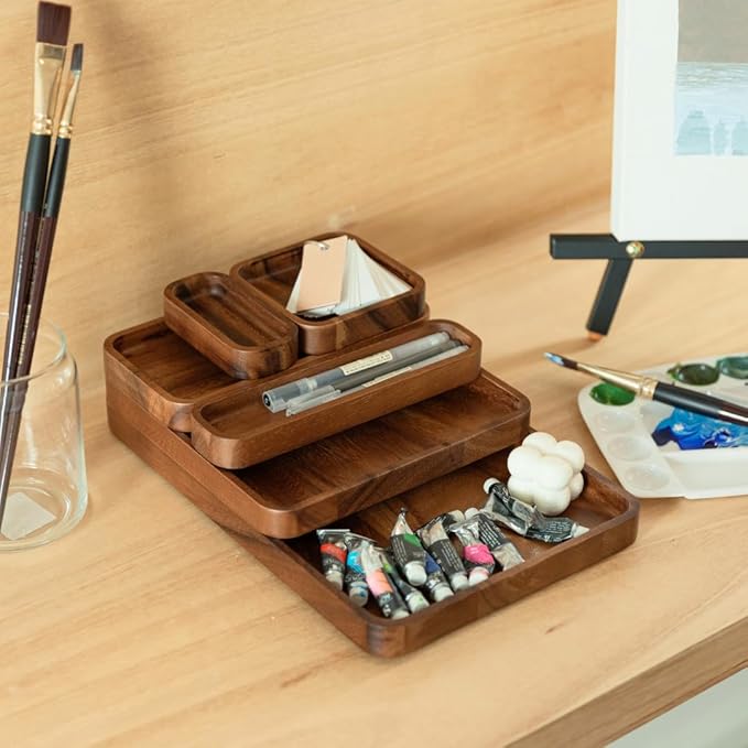 Premium Wooden Stackable Modular Desk Organizer Tray: Set of 6-Pieces Nested Acacia Wood Storage Trays for Office, Kitchen, and Home Organization in Contemporary Style