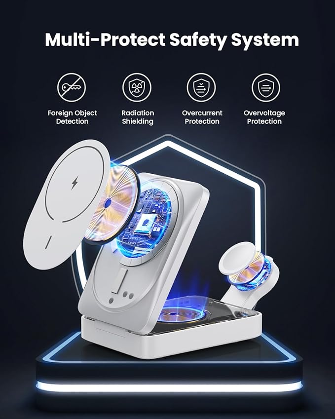3 in 1 Wireless Charger Charging Station for iPhone,Travel Foldable Magnetic 15W Fast Wireless Charger Stand for Mag-Safe with 30W USB C Adapter for iPhone 17/16/15/14/13/12,Apple Watch,AirPods