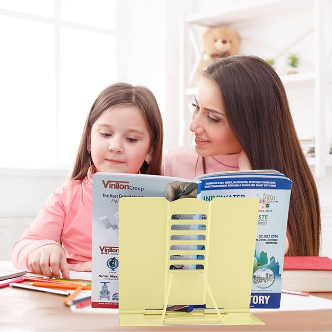 Honagu Book Stand Metal Desk Book Holder, Book Holders for Reading Hands Free, Adjustable Cookbook Documents Holder, Portable Bookstand for Music Books, Textbook, Recipe, Tablet, Ipad(Light Yellow)
