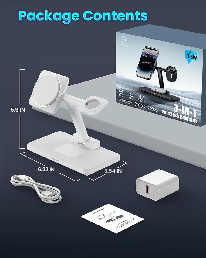 MagSafe 3 in 1 Wireless Charging Station: JoyGeek Portable Foldable Stand for iPhone 17 16 15 14 13 Pro Max Plus, Apple Watch, AirPods Pro (White)