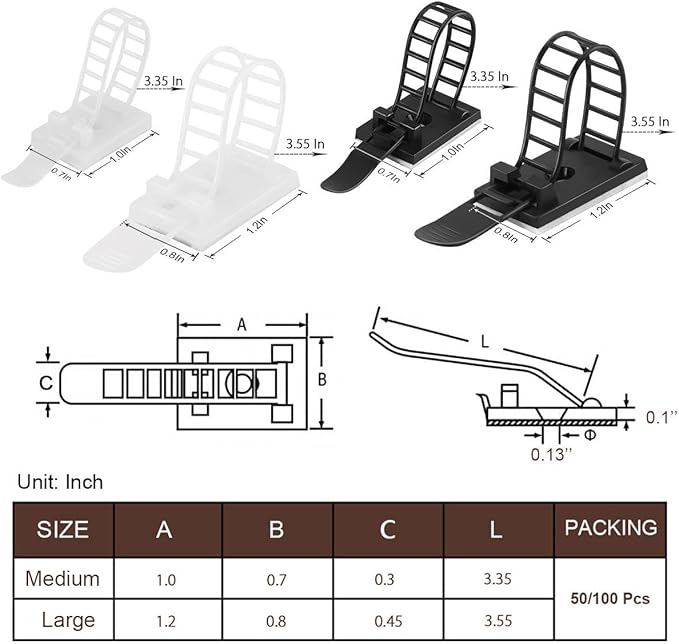 50Pcs Adhesive Cable Management Clips with 50Pcs Zip Ties, Adjustable Nylon Cable Strap Ties Wire Clips Clamps Organizer, Extra Screw & Hole - 3.35 Inch White