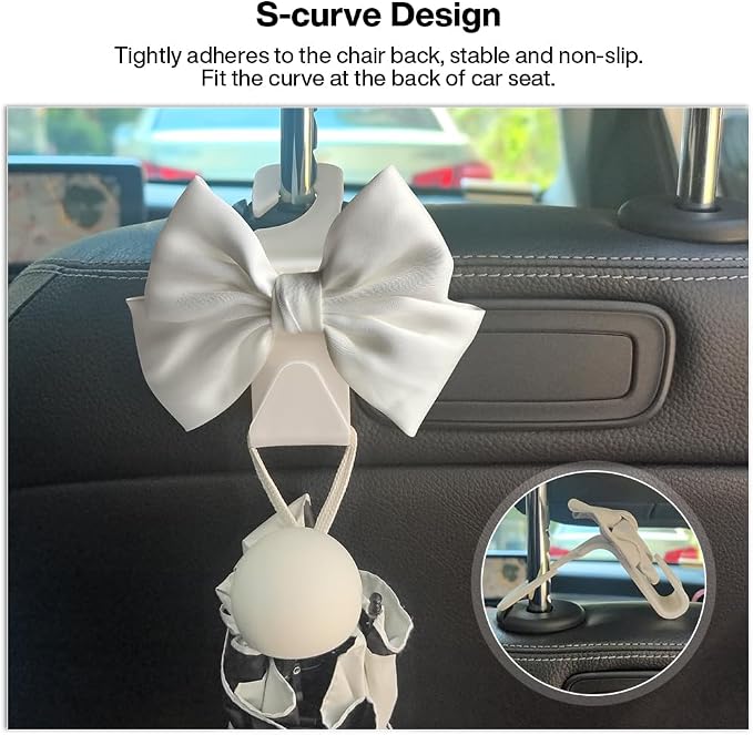 2 Pack Car Seat Headrest Hook, Auto Seat Hook Hangers Storage Organizer Interior Accessories for Handbag Clothes Coats Grocery Bags (White silk)