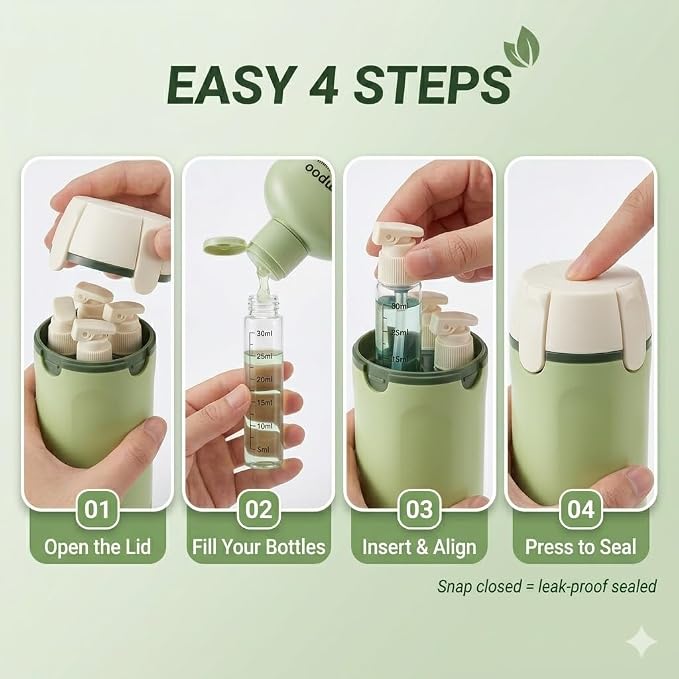 4 in 1 Travel Dispenser Bottle Set, TSA Approved Leak-Proof, 4×30ml | Twist-lock pump; 4×30ml refillable bottles; TSA carry-on compliant; for gym, travel & business trips; labels included