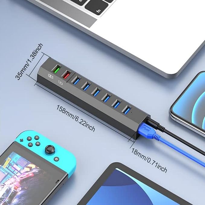 RAOYI Powered USB 3.0 Hub, 8 Ports High Speed USB 3.0 Hub Splitter with 36W Power Adapter, 3.3ft Cable and Smart Fast Charger USB Hub for Laptop, PC, Mobile HDD, Mulitple Devices (Gray)