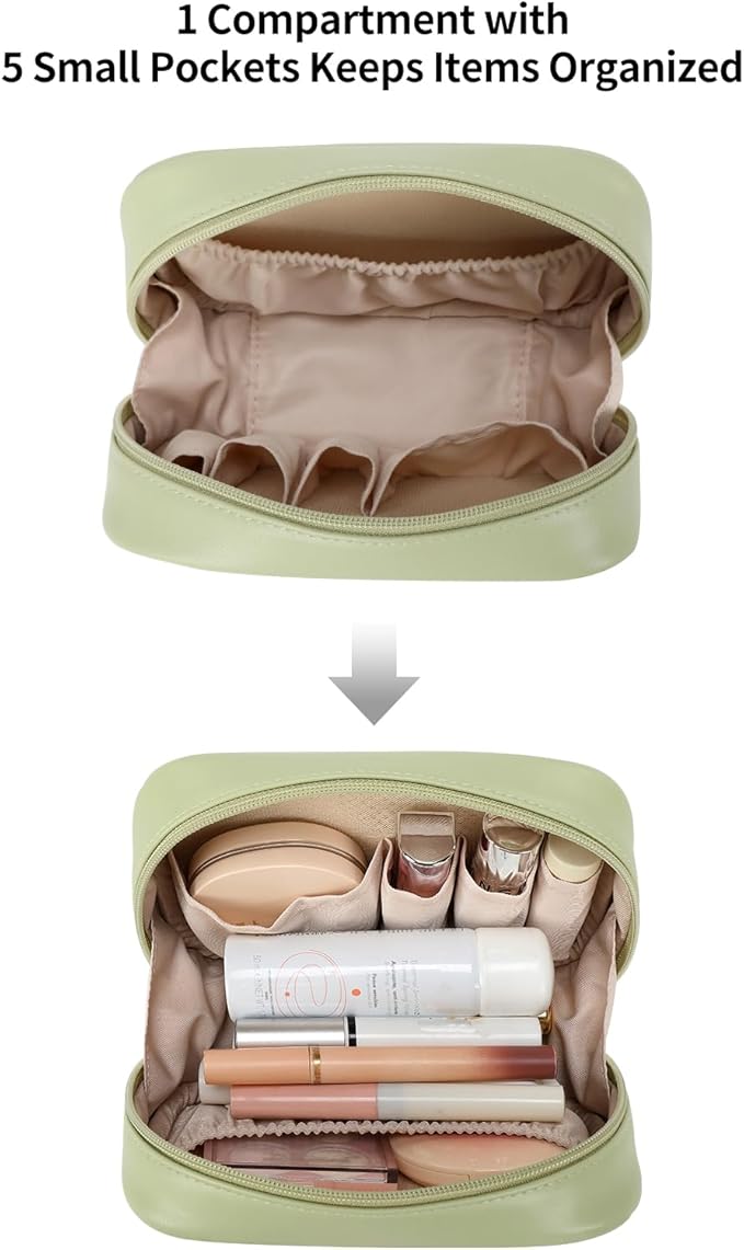 RIGHT AWAY Small Makeup Bag for Purse,Travel Cosmetic Bag Organizer for Women,Cute Make Up Pouch Waterproof Toiletry Bag with Zipper,Portable Makeup Case Skincare Bag for Travel Accessories(Green)