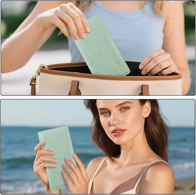 Wallet Women Bifold Faux Crocodile Leather Minimalist Slim Thin Long Wallets RFID Blocking Credit Cards Holder Purse with Back Zipper Coin Pocket for Women and Men,Green