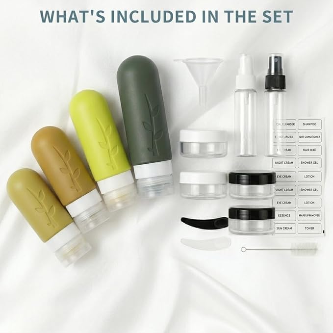 DEPOZA Travel Bottles Kit (16 Pack) - TSA Approved, Leak Proof Silicone Squeezable Containers for Toiletries. Complete Set with Jars, Sprayers & Bag (M-Green)