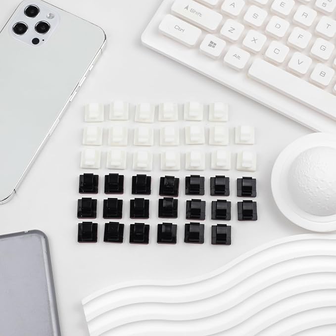 40-Pack Cable Clips with Strong Adhesive – Black & White Cord Holders for Wire Management in Home, Office, and Car