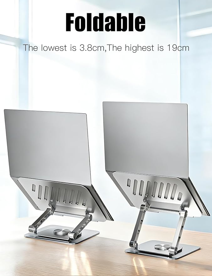 Adjustable Computer Stand with 360 Rotating Base, Ergonimic Foldable Laptop Riser for Desk Compatible with MacBook Pro/Air Notebook up to 16 Inches, Silver