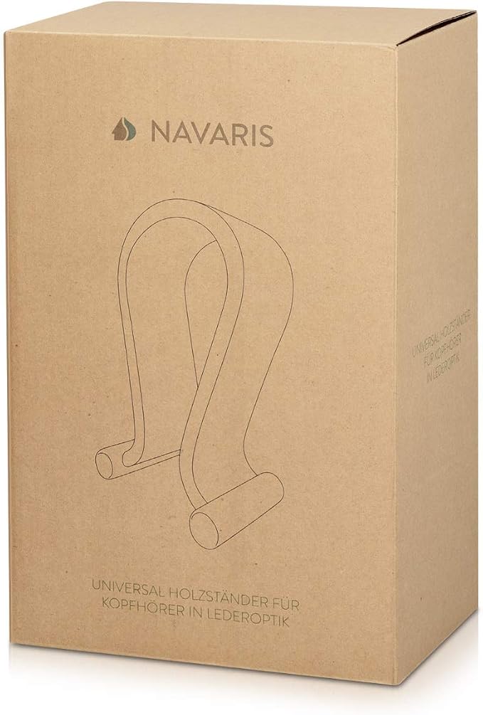 Navaris Omega Headphone Stand - Synthetic Leather Headset Hanger with Wood Base - Holder for Wired, Wireless, Gaming, DJ, Studio Headphones - Black