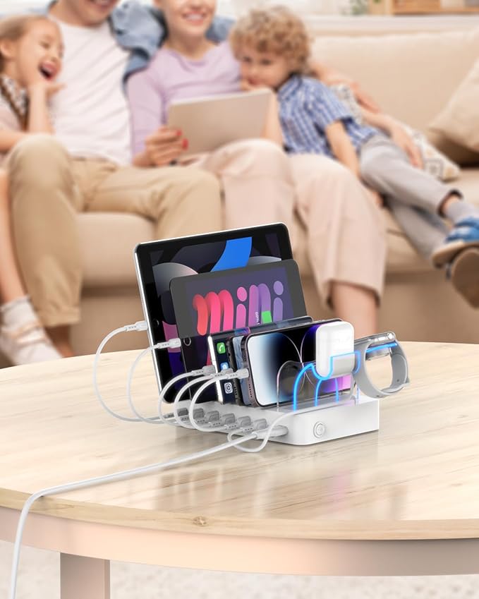 SooPii 60W 6-Port Charging Station for Multiple Devices, PD 20W USB C Fast Charging for lPhone 14/13/12,6 Short Cables Included, 2 in 1 Holder,for Phones,Tablets and Others,White