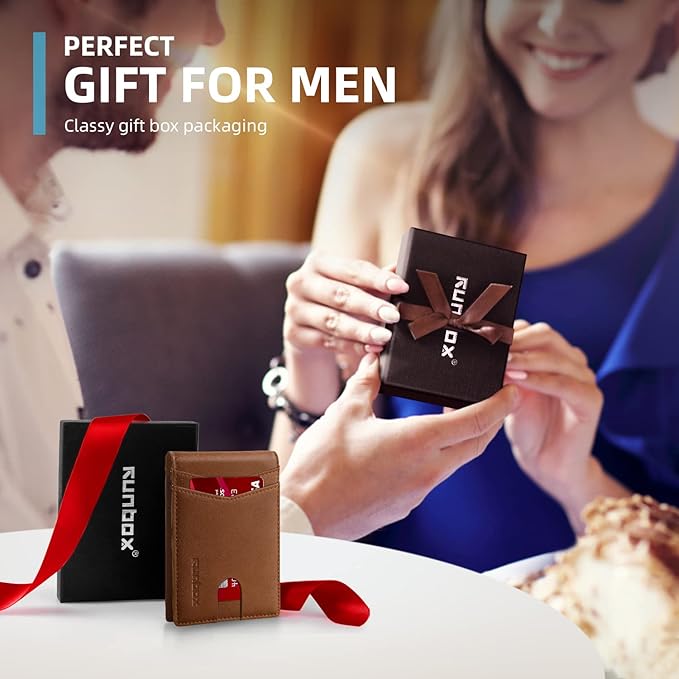 RUNBOX Wallet for Men Slim Leather Bifold RFID Blocking Minimalist Front Pocket Design with Gift Box