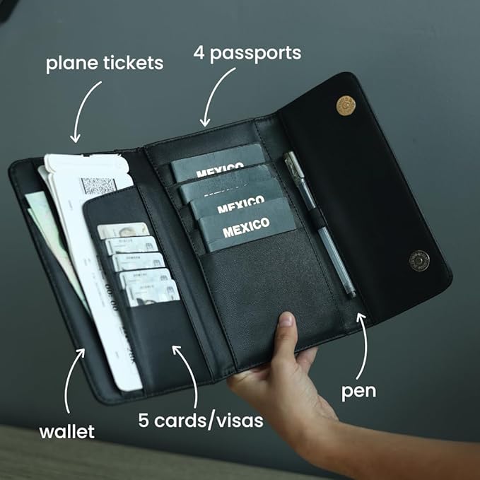 Family Passport Holder – Wallet for 4 Passports, Visas, Tickets, and Money – Passport Holder for Families – Travel Wallet to Store Passports – Travel Document Organizer (Black)